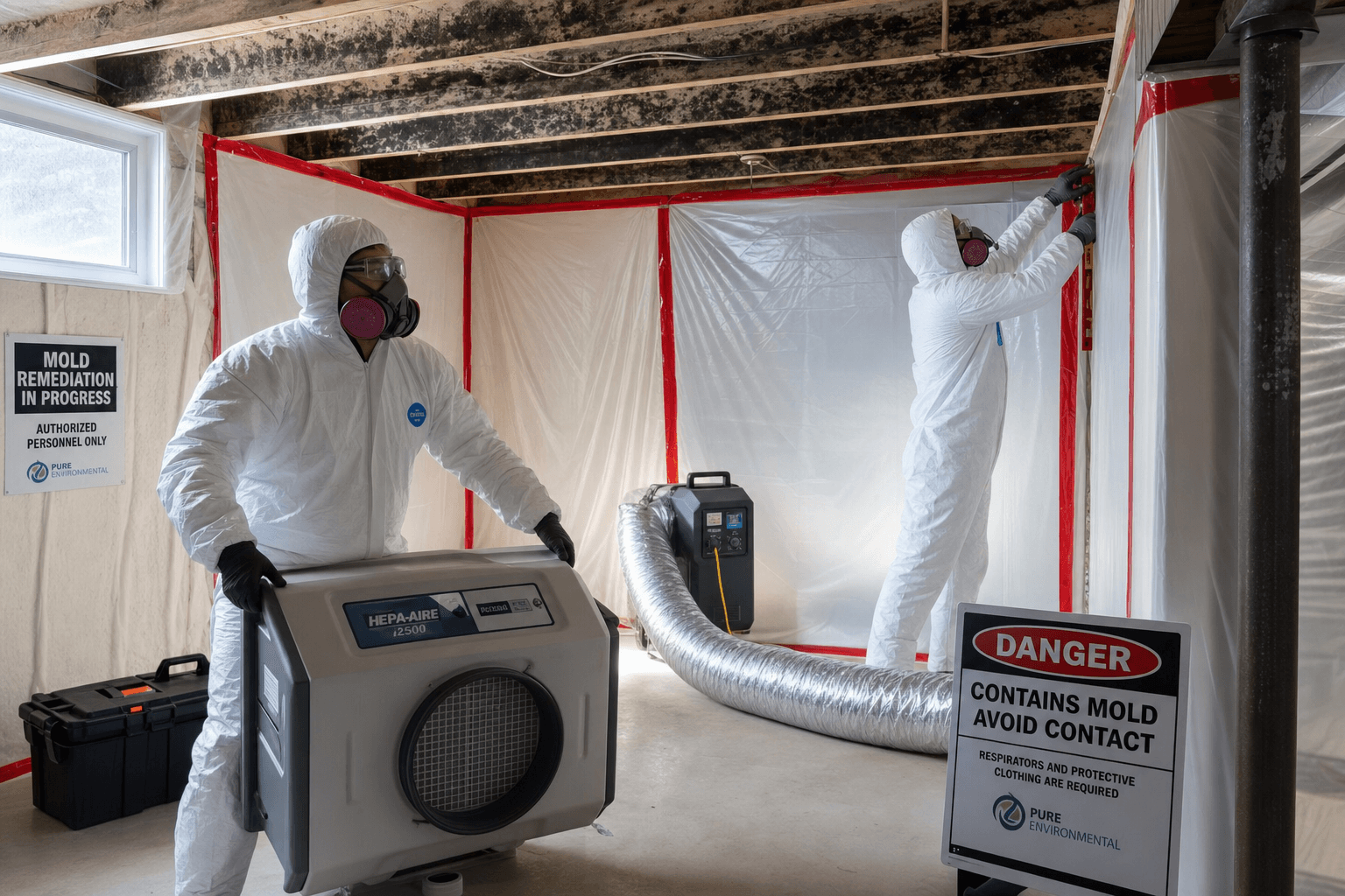 Mold remediation team setting up containment and HEPA scrubbers during a Saskatoon mold removal project
